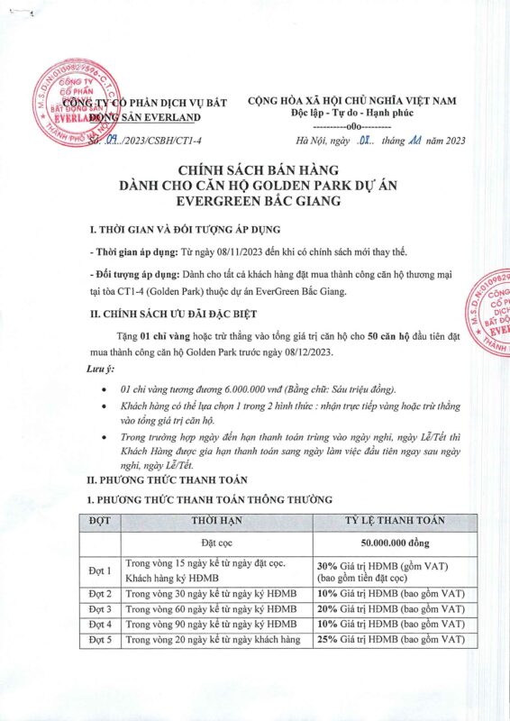 Chính sách bán hàng căn hộ Golden Park - Evergreen Bắc Giang - hình 1